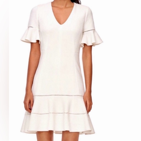 Rebecca Taylor Flirty White V-Neck Diamond Texture Flounced A-line Dress - Picture 1 of 10